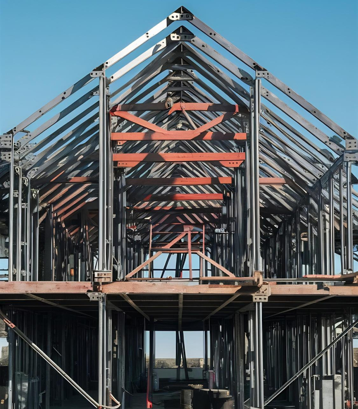 Structure métallique d’un bâtiment industriel en cours de montage par ABC du Bâtiment